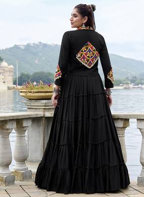Black Cotton Navratri Lehenga Choli with Mirror-Trim Jacket & Cowries Garba Dress for Women 3