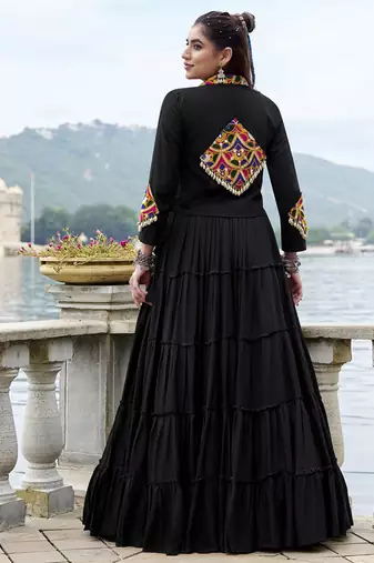Black Cotton Navratri Lehenga Choli with Mirror-Trim Jacket & Cowries Garba Dress for Women