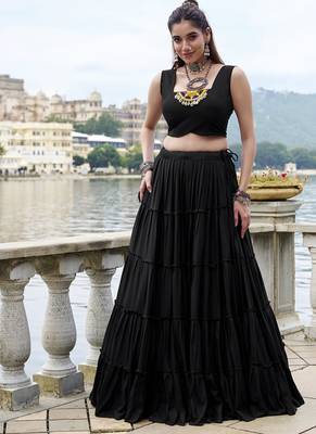 Black Cotton Navratri Lehenga Choli with Mirror-Trim Jacket & Cowries Garba Dress for Women 4