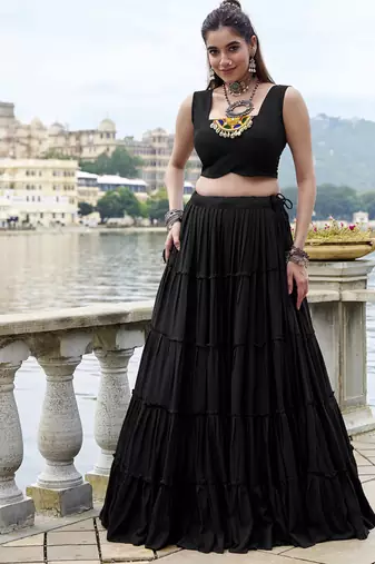 Black Cotton Navratri Lehenga Choli with Mirror-Trim Jacket & Cowries Garba Dress for Women