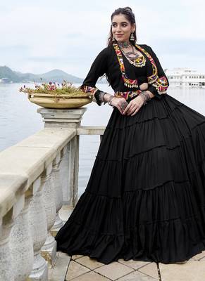 Black Cotton Navratri Lehenga Choli with Mirror-Trim Jacket & Cowries Garba Dress for Women 5