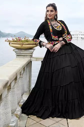 Black Cotton Navratri Lehenga Choli with Mirror-Trim Jacket & Cowries Garba Dress for Women