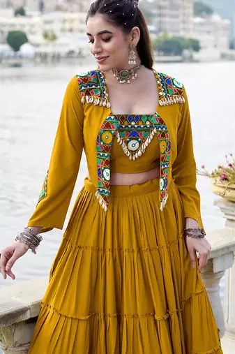 mustard Gamthi Mirror Work & Kodi Lace Chaniya Choli