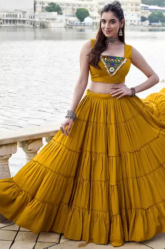 mustard Gamthi Mirror Work & Kodi Lace Chaniya Choli