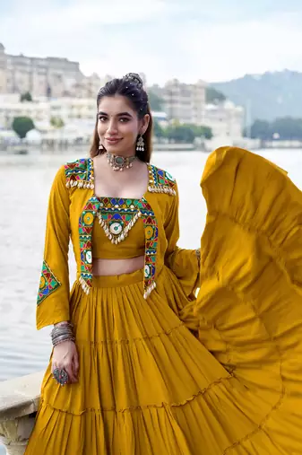 mustard Gamthi Mirror Work & Kodi Lace Chaniya Choli
