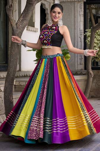 multicolor Rayon Printed Chaniya Choli with Gota Patti 