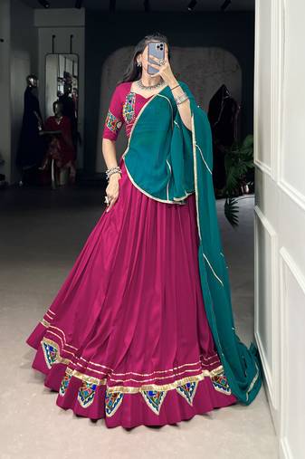 pink Rayon Chaniya Choli with Gamthi Work & Embossed Design