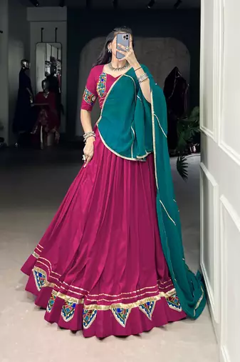 pink Rayon Chaniya Choli with Gamthi Work & Embossed Design