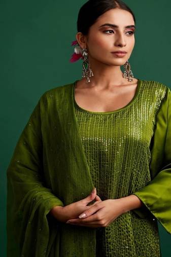 Olive embroidered satin kurta set