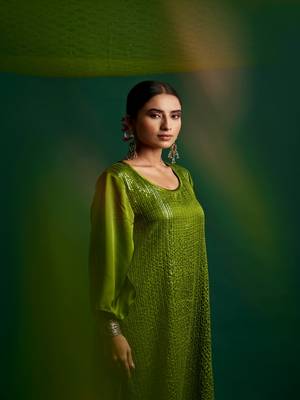 Olive embroidered satin kurta set 3
