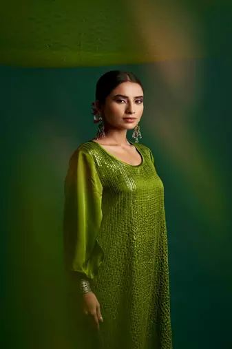 Olive embroidered satin kurta set
