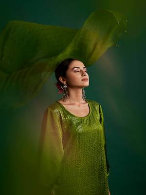 Olive embroidered satin kurta set 4
