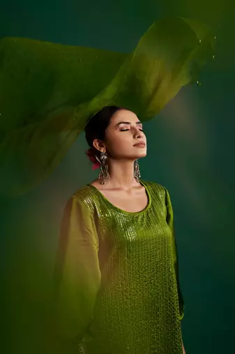 Olive embroidered satin kurta set