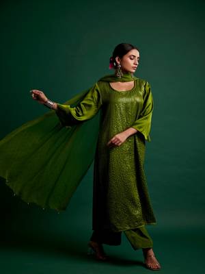 Olive embroidered satin kurta set 5