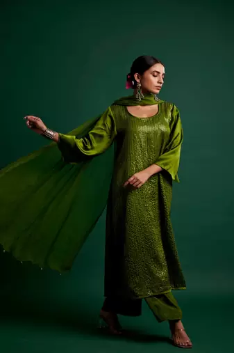 Olive embroidered satin kurta set
