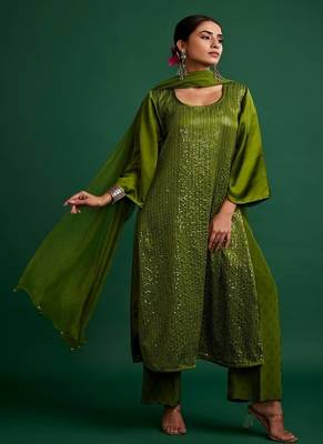 Olive embroidered satin kurta set 1