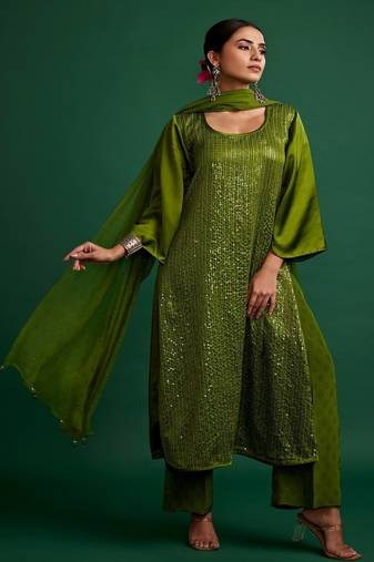 Olive embroidered satin kurta set