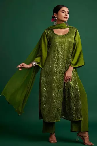 Olive embroidered satin kurta set