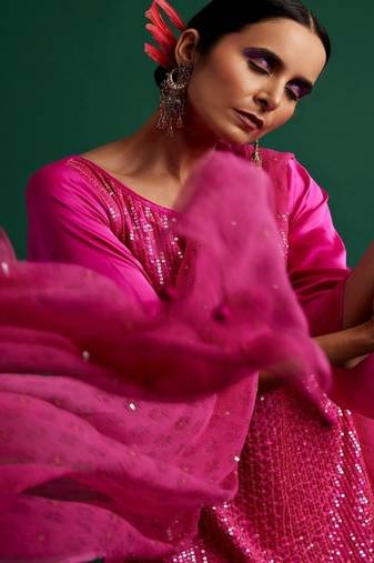 Rani pink embroidered satin kurta set