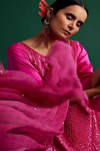 Rani pink embroidered satin kurta set