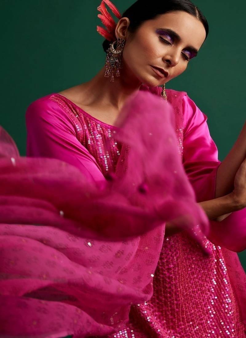 Rani pink embroidered satin kurta set