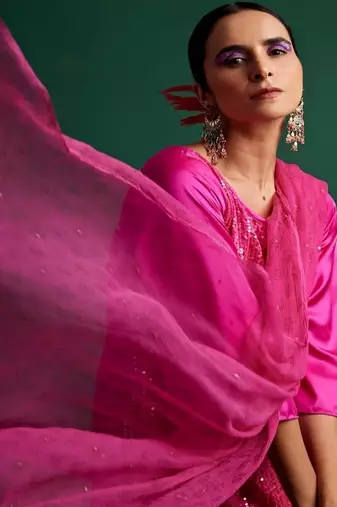 Rani pink embroidered satin kurta set