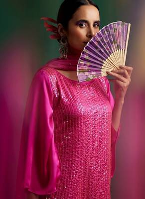 Rani pink embroidered satin kurta set 1