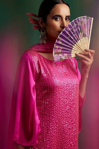 Rani pink embroidered satin kurta set