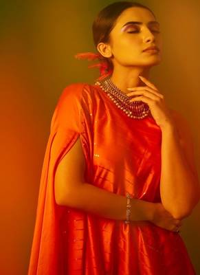 Orange embroidered satin dress 2