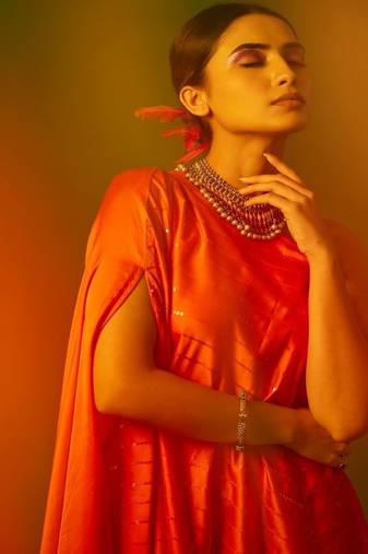 Orange embroidered satin dress