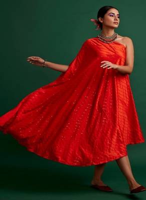 Orange embroidered satin dress 1
