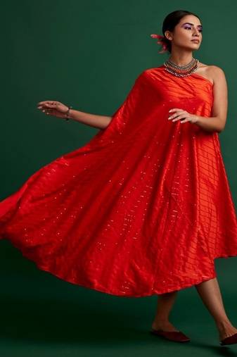 Orange embroidered satin dress