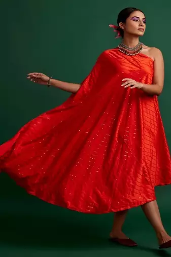 Orange embroidered satin dress