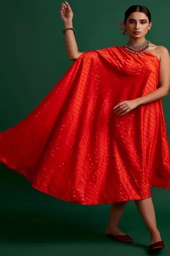 Orange embroidered satin dress
