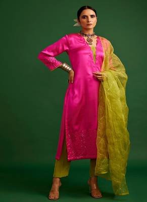 Rani pink embroidered satin kurta set 1