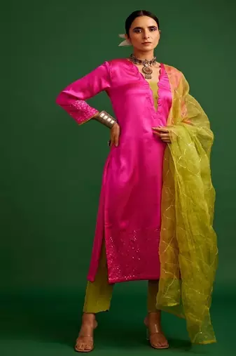 Rani pink embroidered satin kurta set
