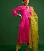 Rani pink embroidered satin kurta set
