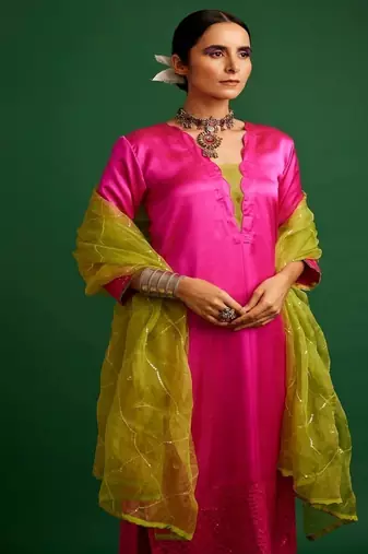 Rani pink embroidered satin kurta set