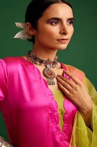Rani pink embroidered satin kurta set