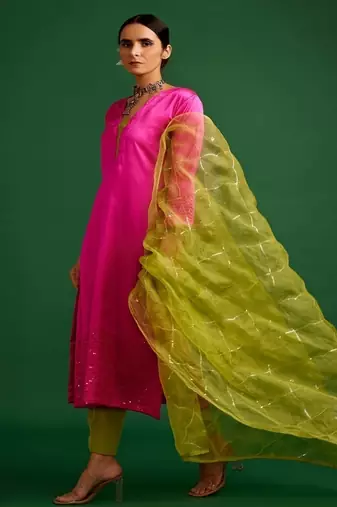 Rani pink embroidered satin kurta set