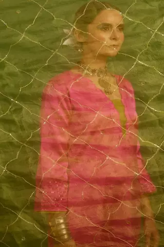 Rani pink embroidered satin kurta set
