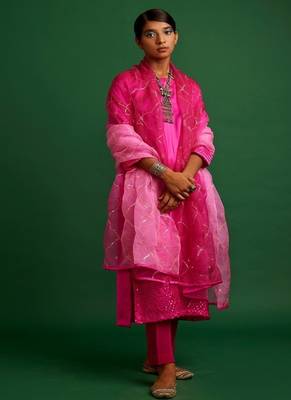 Rani pink embroidered satin kurta set 1