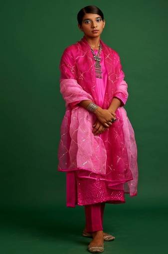 Rani pink embroidered satin kurta set