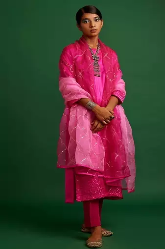 Rani pink embroidered satin kurta set