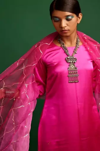 Rani pink embroidered satin kurta set