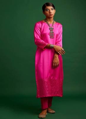 Rani pink embroidered satin kurta set 3
