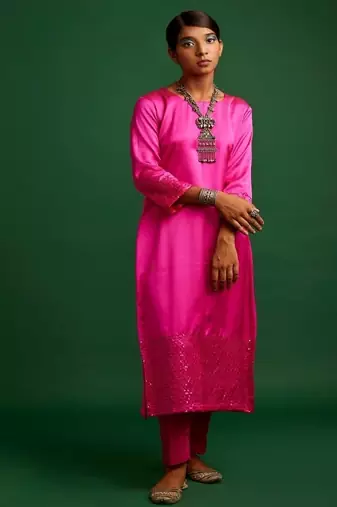 Rani pink embroidered satin kurta set