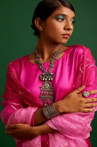 Rani pink embroidered satin kurta set