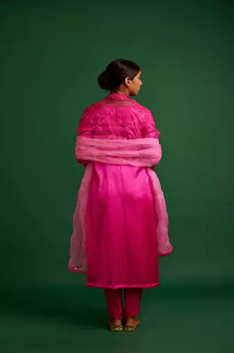 Rani pink embroidered satin kurta set