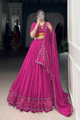 pink Rayon Chaniya Choli with Mirror Gamthi Work Gotta Patti 